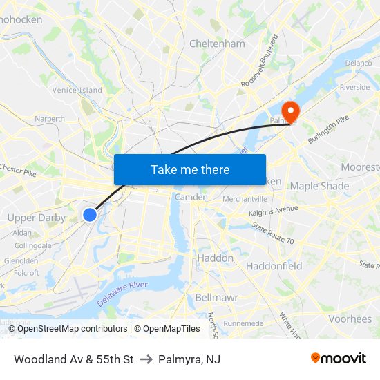 Woodland Av & 55th St to Palmyra, NJ map