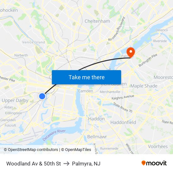 Woodland Av & 50th St to Palmyra, NJ map