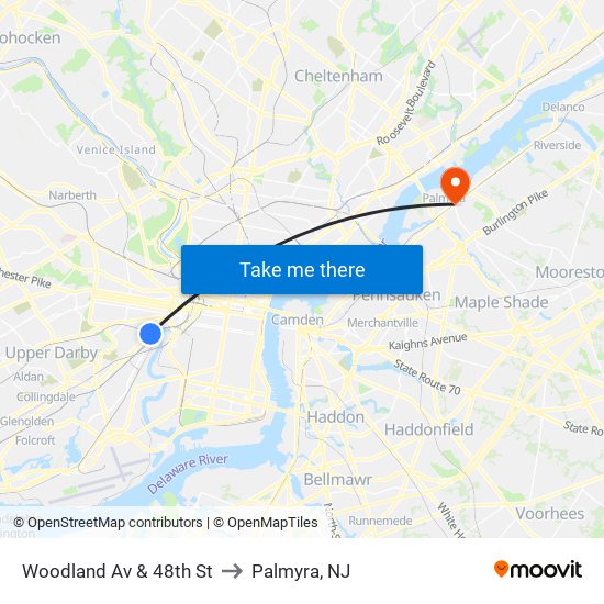 Woodland Av & 48th St to Palmyra, NJ map