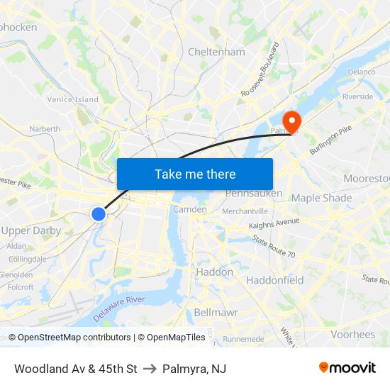 Woodland Av & 45th St to Palmyra, NJ map