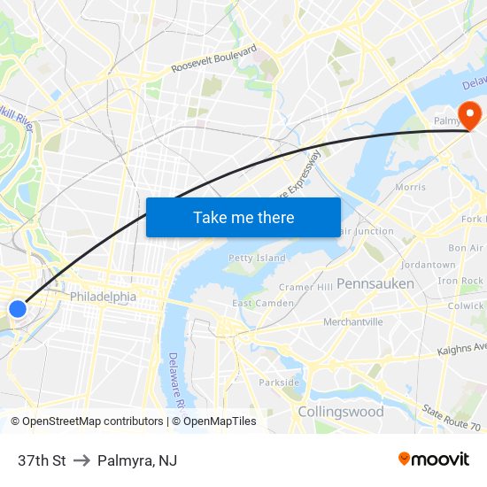 37th St to Palmyra, NJ map