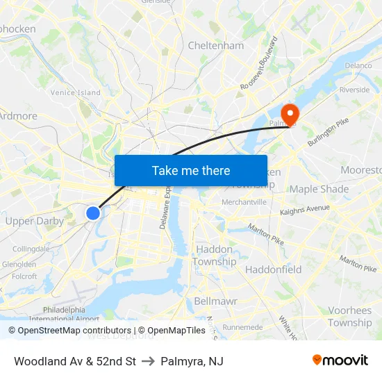 Woodland Av & 52nd St to Palmyra, NJ map