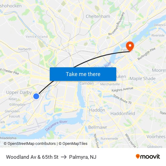 Woodland Av & 65th St to Palmyra, NJ map