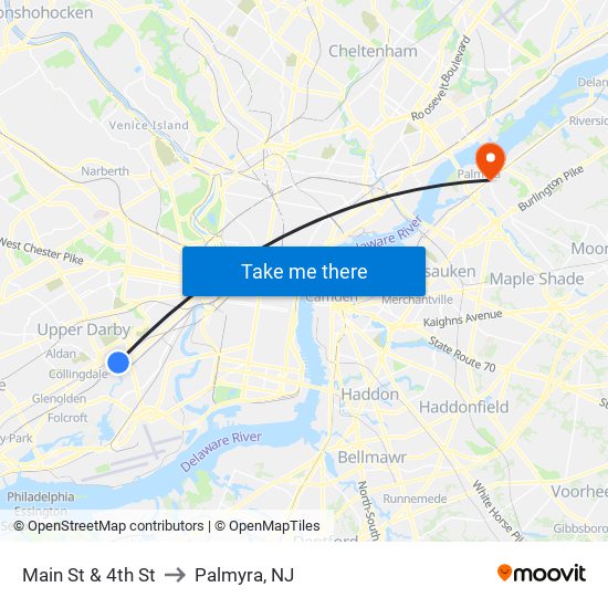 Main St & 4th St to Palmyra, NJ map