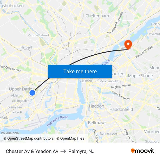 Chester Av & Yeadon Av to Palmyra, NJ map