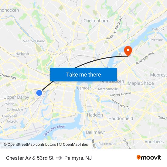 Chester Av & 53rd St to Palmyra, NJ map