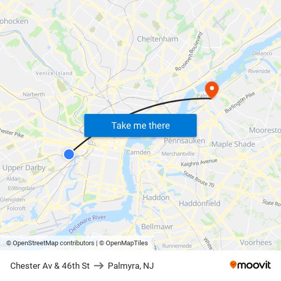 Chester Av & 46th St to Palmyra, NJ map