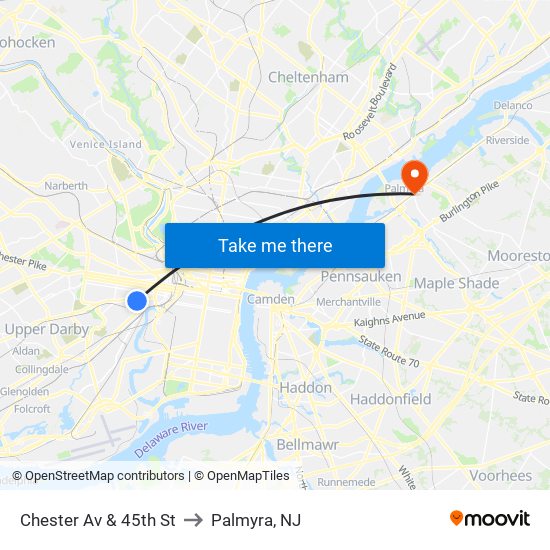 Chester Av & 45th St to Palmyra, NJ map