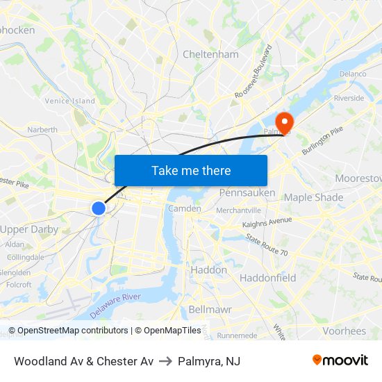 Woodland Av & Chester Av to Palmyra, NJ map