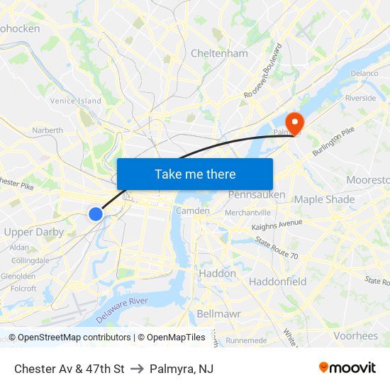 Chester Av & 47th St to Palmyra, NJ map