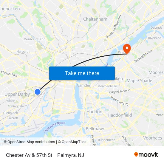 Chester Av & 57th St to Palmyra, NJ map