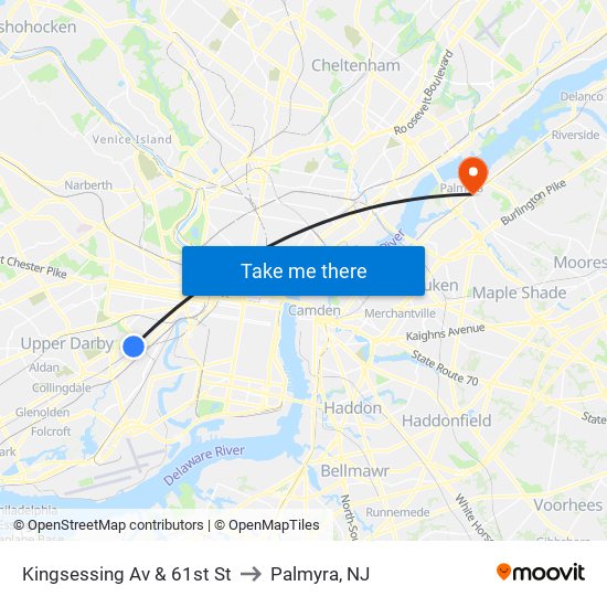 Kingsessing Av & 61st St to Palmyra, NJ map