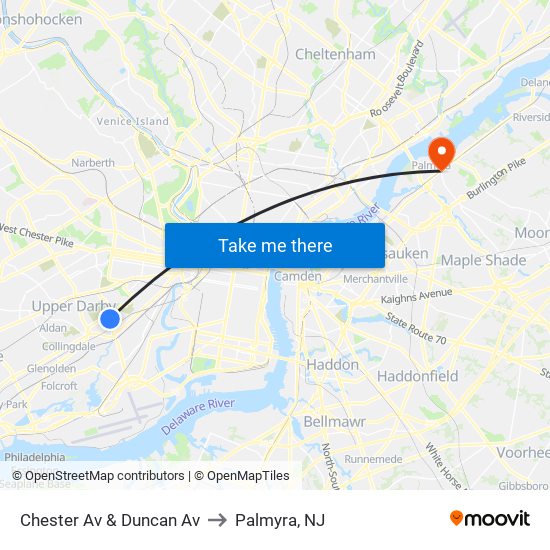Chester Av & Duncan Av to Palmyra, NJ map