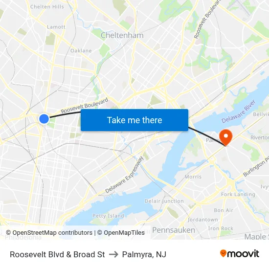 Roosevelt Blvd & Broad St to Palmyra, NJ map