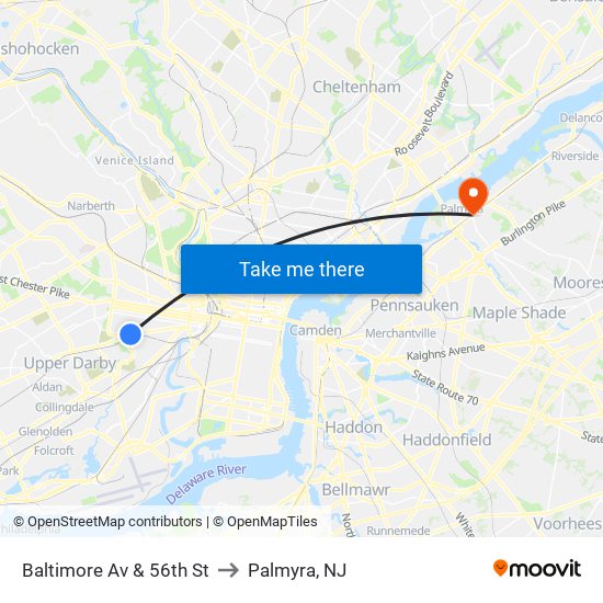 Baltimore Av & 56th St to Palmyra, NJ map