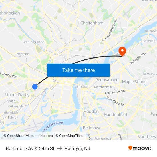 Baltimore Av & 54th St to Palmyra, NJ map