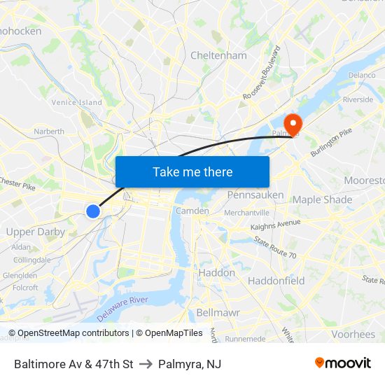 Baltimore Av & 47th St to Palmyra, NJ map