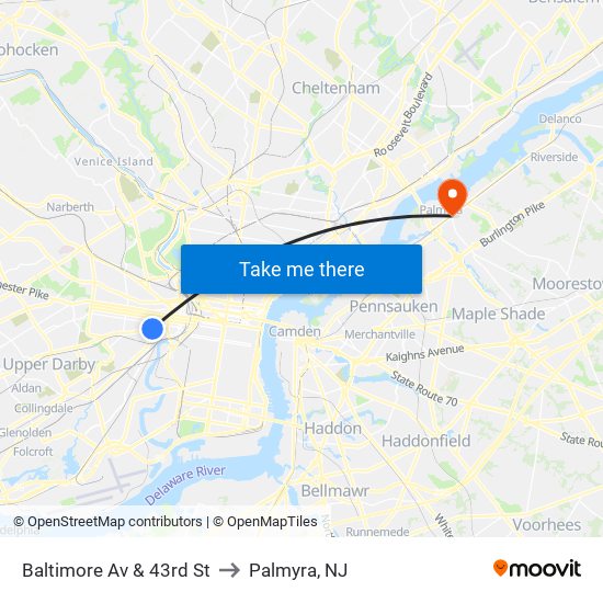 Baltimore Av & 43rd St to Palmyra, NJ map