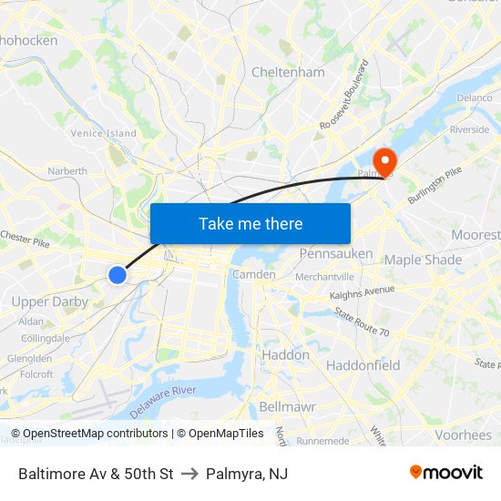 Baltimore Av & 50th St to Palmyra, NJ map