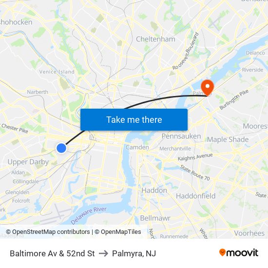 Baltimore Av & 52nd St to Palmyra, NJ map