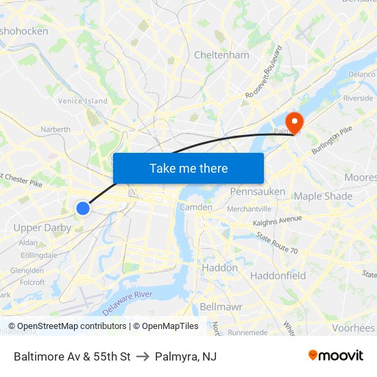 Baltimore Av & 55th St to Palmyra, NJ map
