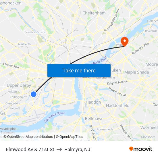 Elmwood Av & 71st St to Palmyra, NJ map