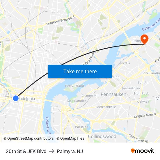 20th St & JFK Blvd to Palmyra, NJ map