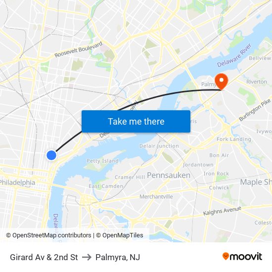 Girard Av & 2nd St to Palmyra, NJ map