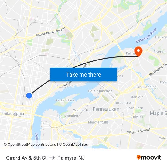 Girard Av & 5th St to Palmyra, NJ map