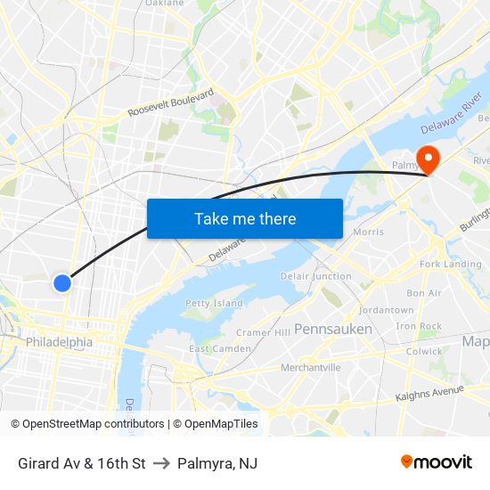 Girard Av & 16th St to Palmyra, NJ map