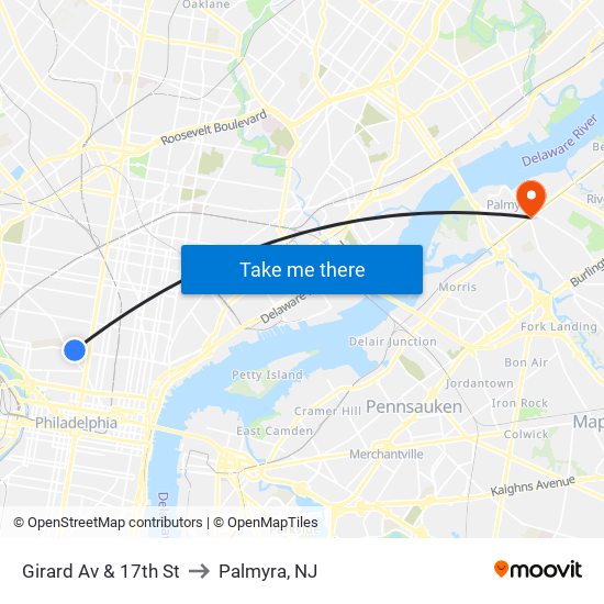 Girard Av & 17th St to Palmyra, NJ map