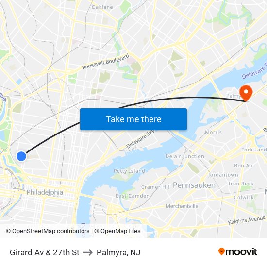 Girard Av & 27th St to Palmyra, NJ map