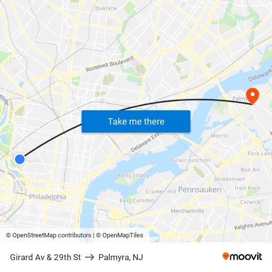 Girard Av & 29th St to Palmyra, NJ map