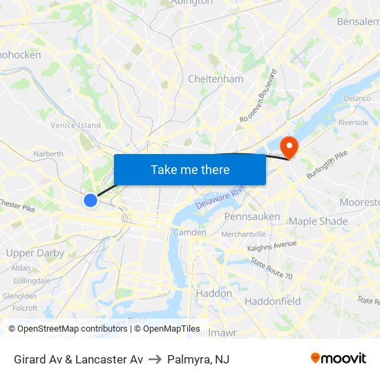 Girard Av & Lancaster Av to Palmyra, NJ map