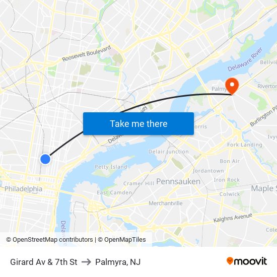 Girard Av & 7th St to Palmyra, NJ map
