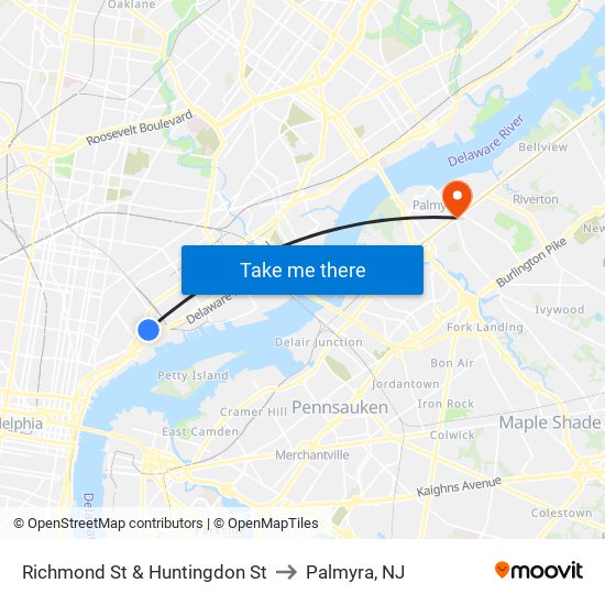 Richmond St & Huntingdon St to Palmyra, NJ map