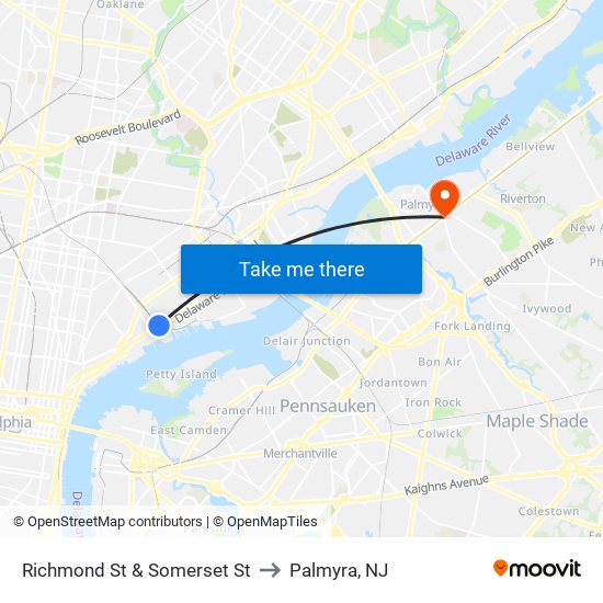 Richmond St & Somerset St to Palmyra, NJ map