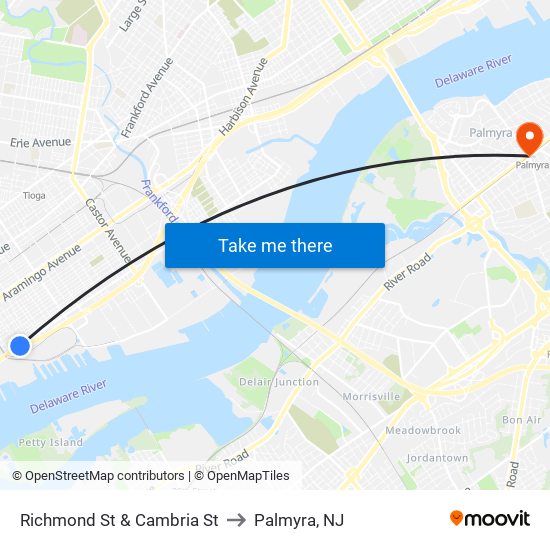 Richmond St & Cambria St to Palmyra, NJ map