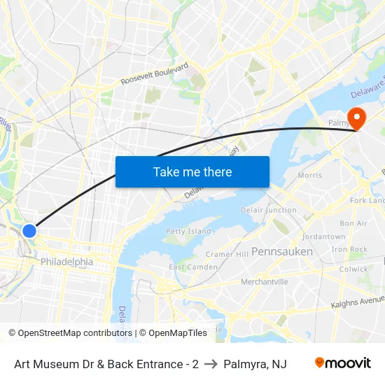 Art Museum Dr & Back Entrance - 2 to Palmyra, NJ map