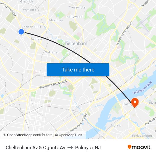 Cheltenham Av & Ogontz Av to Palmyra, NJ map