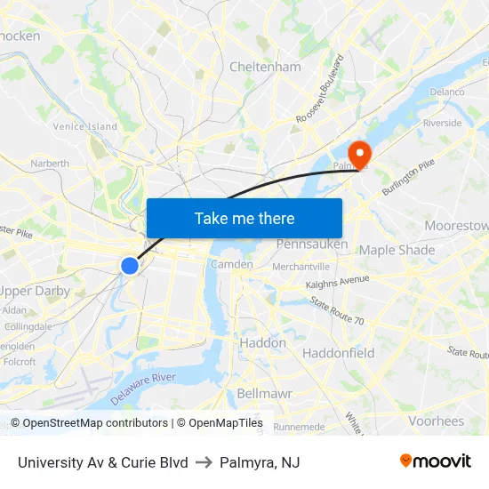 University Av & Curie Blvd to Palmyra, NJ map