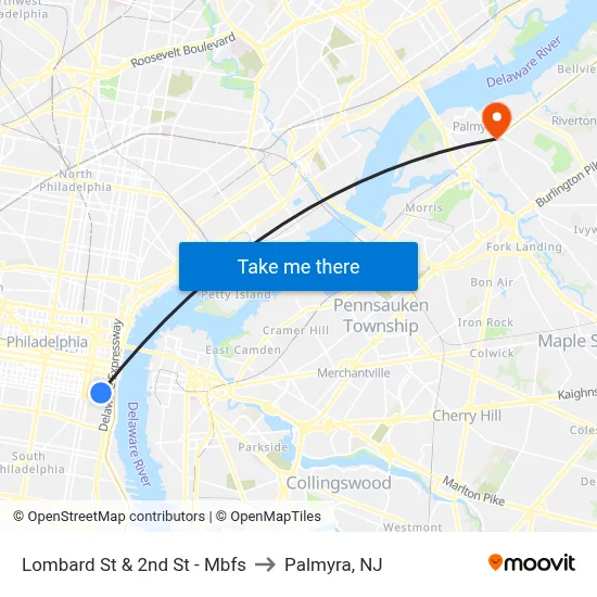 Lombard St & 2nd St - Mbfs to Palmyra, NJ map