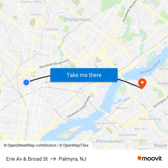 Erie Av & Broad St to Palmyra, NJ map