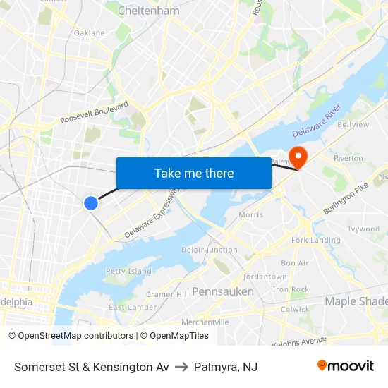 Somerset St & Kensington Av to Palmyra, NJ map