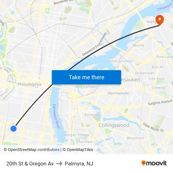 20th St & Oregon Av to Palmyra, NJ map