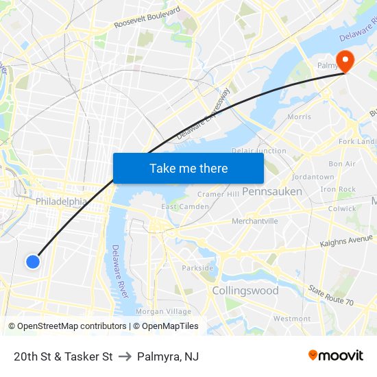 20th St & Tasker St to Palmyra, NJ map