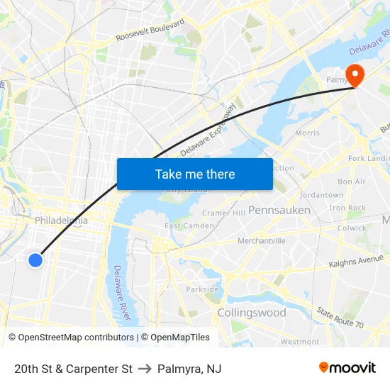 20th St & Carpenter St to Palmyra, NJ map