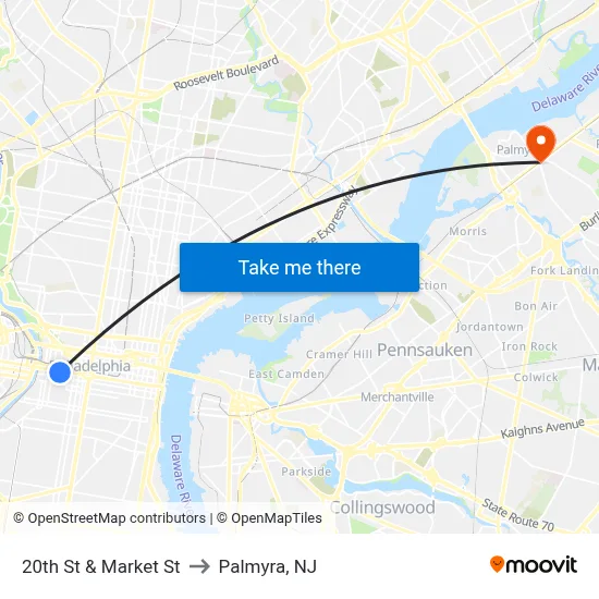 20th St & Market St to Palmyra, NJ map
