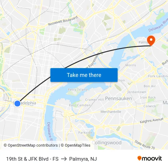 19th St & JFK Blvd - FS to Palmyra, NJ map