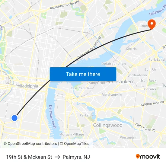 19th St & Mckean St to Palmyra, NJ map